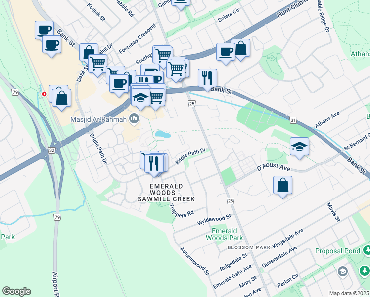 map of restaurants, bars, coffee shops, grocery stores, and more near 2759 Carousel Crescent in Ottawa