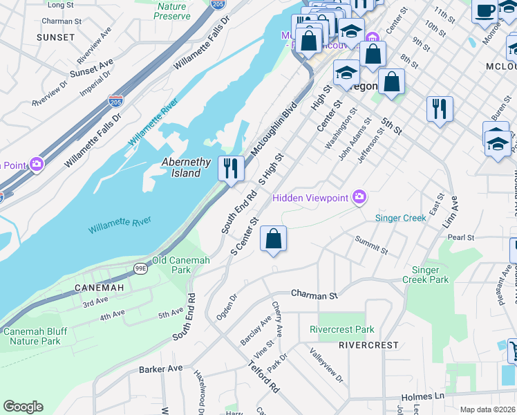 map of restaurants, bars, coffee shops, grocery stores, and more near 319 South Center Street in Oregon City