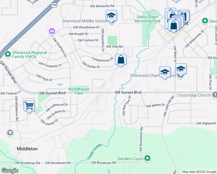 map of restaurants, bars, coffee shops, grocery stores, and more near 23443 Southwest Greengate Place in Sherwood