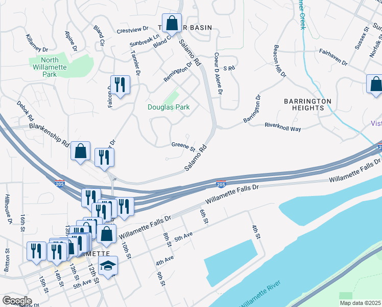 map of restaurants, bars, coffee shops, grocery stores, and more near 1804 Hall Court in West Linn