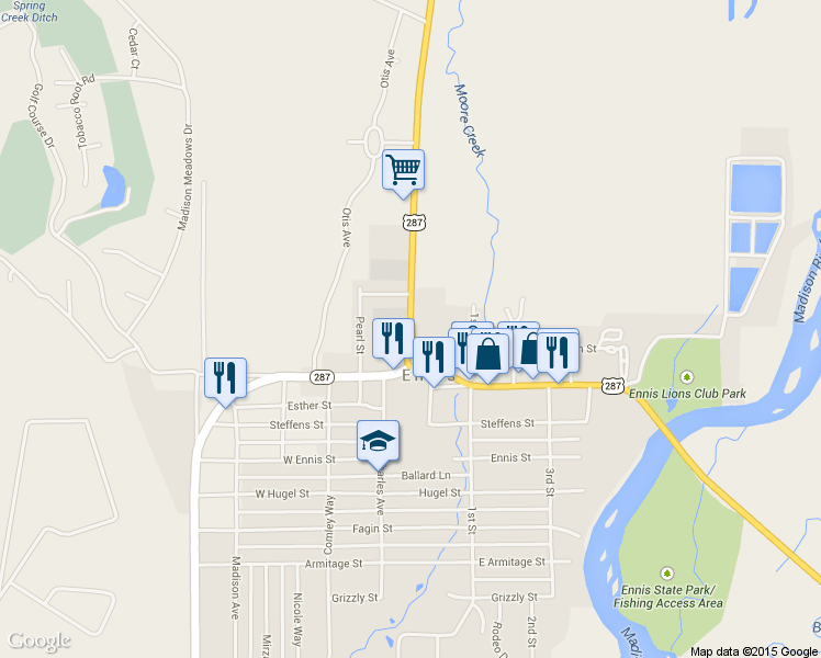 map of restaurants, bars, coffee shops, grocery stores, and more near 310 Highway 287 in Ennis