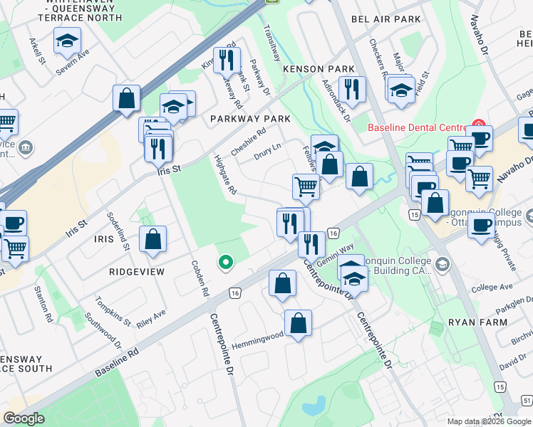 map of restaurants, bars, coffee shops, grocery stores, and more near 1337 Bloomsbury Crescent in Ottawa