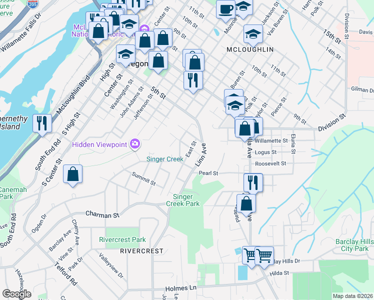 map of restaurants, bars, coffee shops, grocery stores, and more near 304 Jackson Street in Oregon City