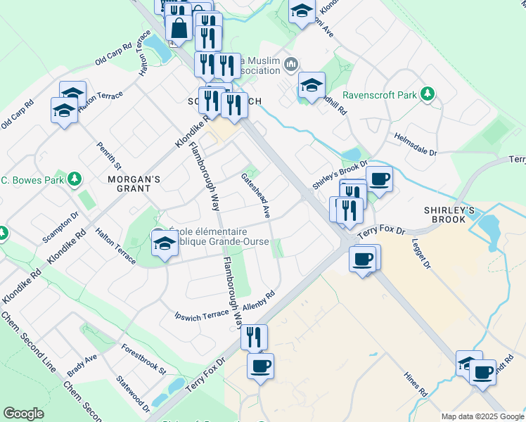 map of restaurants, bars, coffee shops, grocery stores, and more near 6 Gateshead Avenue in Ottawa