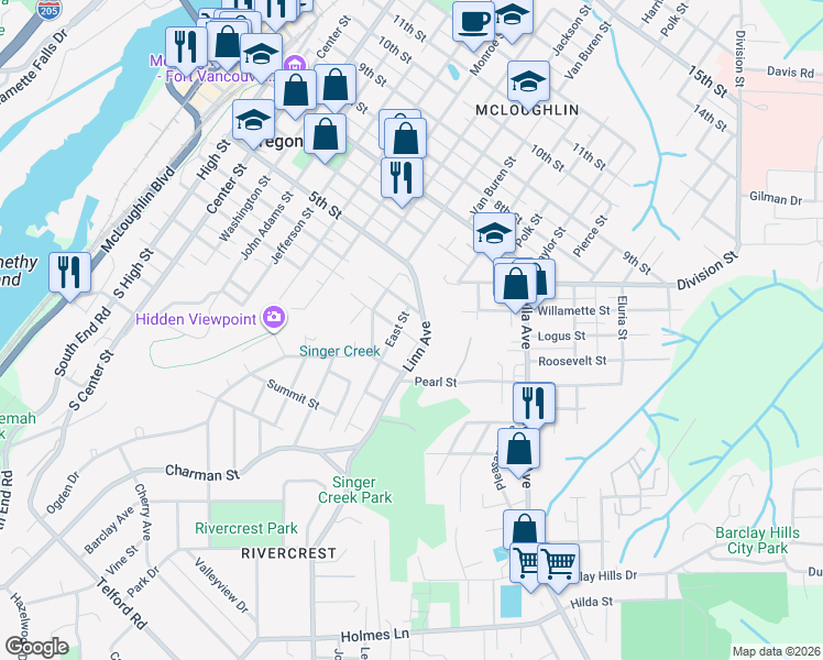 map of restaurants, bars, coffee shops, grocery stores, and more near in Oregon City