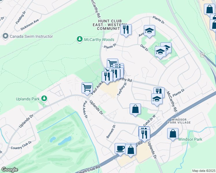 map of restaurants, bars, coffee shops, grocery stores, and more near 3310-3320 McCarthy Road in Ottawa