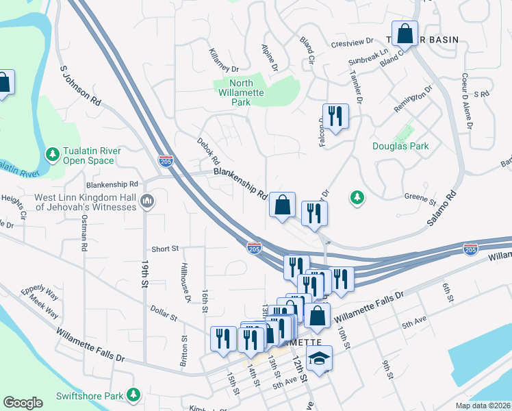 map of restaurants, bars, coffee shops, grocery stores, and more near 1750 Blankenship Road in West Linn