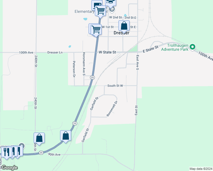 map of restaurants, bars, coffee shops, grocery stores, and more near 215 South Saint West in Dresser