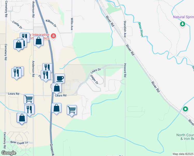 map of restaurants, bars, coffee shops, grocery stores, and more near 965 Hager Drive in Petoskey