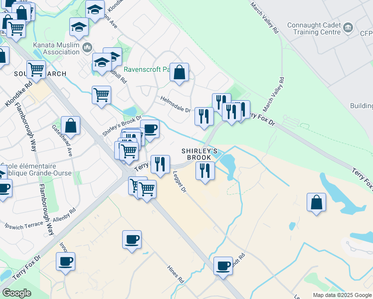 map of restaurants, bars, coffee shops, grocery stores, and more near 362 Terry Fox Drive in Ottawa
