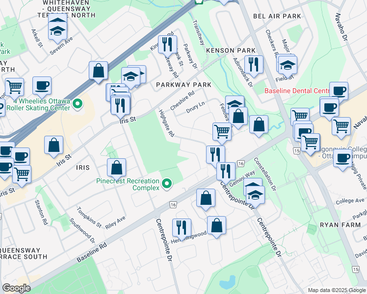 map of restaurants, bars, coffee shops, grocery stores, and more near 1313 Bloomsbury Crescent in Ottawa