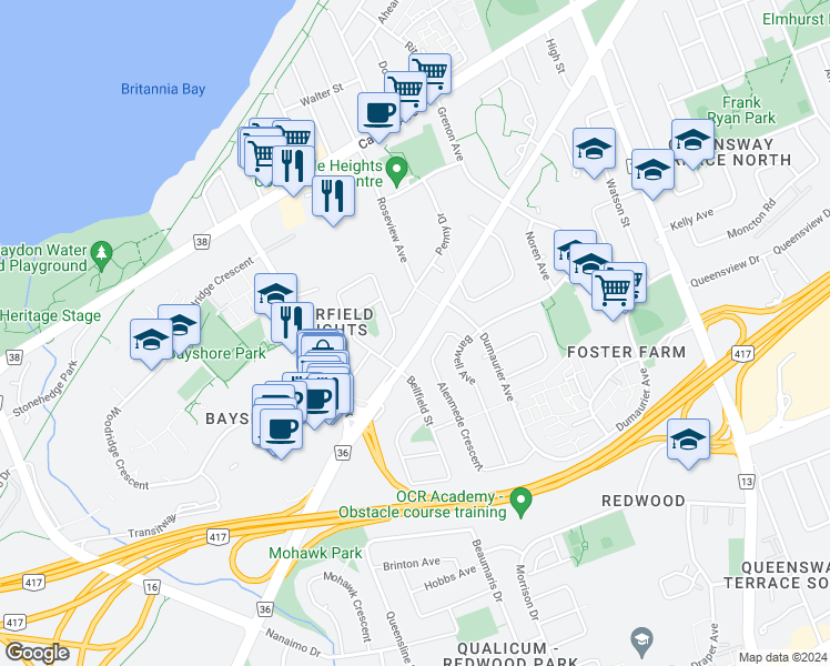 map of restaurants, bars, coffee shops, grocery stores, and more near 3055 Richmond Road in Ottawa