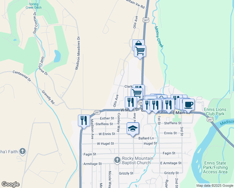 map of restaurants, bars, coffee shops, grocery stores, and more near 875 Otis Avenue in Ennis