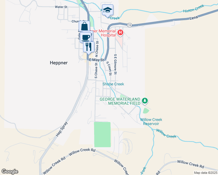map of restaurants, bars, coffee shops, grocery stores, and more near 335 South East Gilmore Street in Heppner
