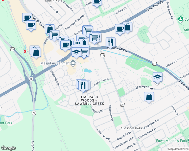 map of restaurants, bars, coffee shops, grocery stores, and more near 2759 Carousel Crescent in Ottawa