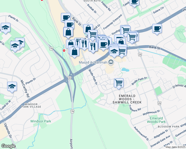 map of restaurants, bars, coffee shops, grocery stores, and more near 2576 Alanis Private in Ottawa