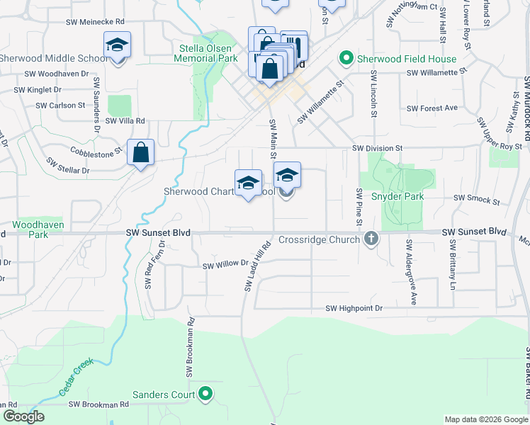 map of restaurants, bars, coffee shops, grocery stores, and more near 23455 Southwest Main Street in Sherwood