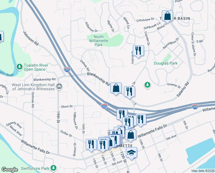 map of restaurants, bars, coffee shops, grocery stores, and more near 1750 Blankenship Road in West Linn