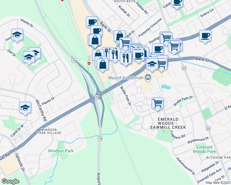 map of restaurants, bars, coffee shops, grocery stores, and more near 2869 Millstream Way in Ottawa