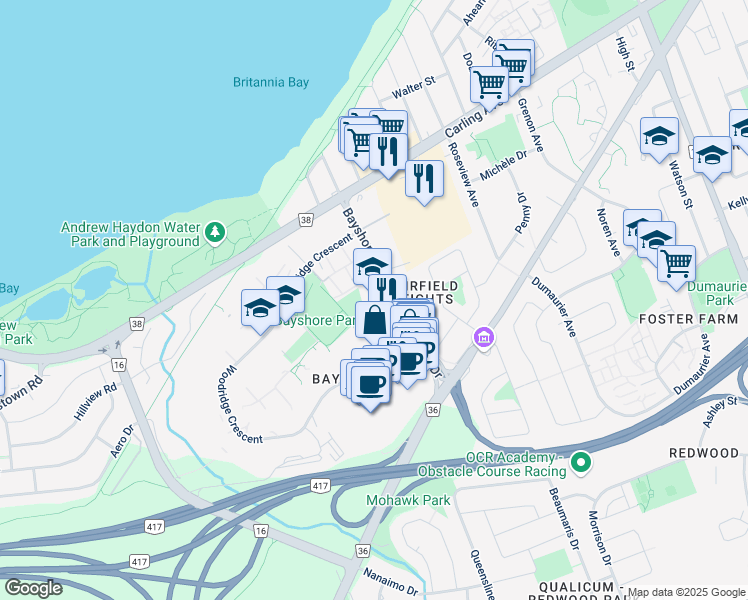 map of restaurants, bars, coffee shops, grocery stores, and more near 50 Bayshore Drive in Ottawa