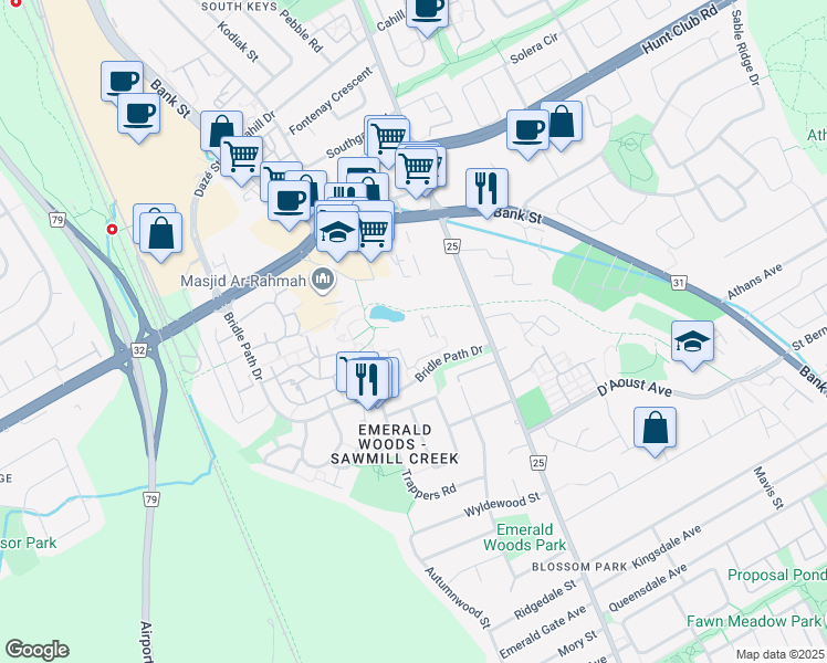 map of restaurants, bars, coffee shops, grocery stores, and more near 2759 Carousel Crescent in Ottawa