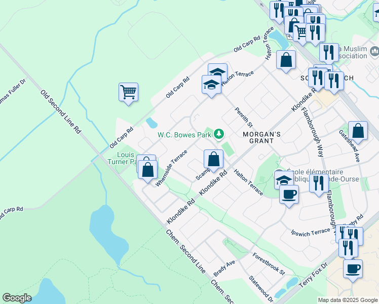 map of restaurants, bars, coffee shops, grocery stores, and more near 25 Whernside Terrace in Ottawa