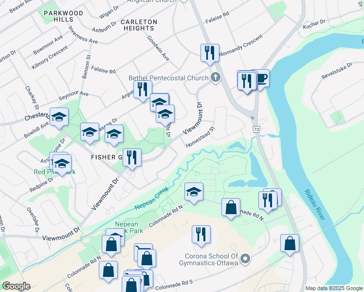 map of restaurants, bars, coffee shops, grocery stores, and more near 8 Homestead Street in Ottawa