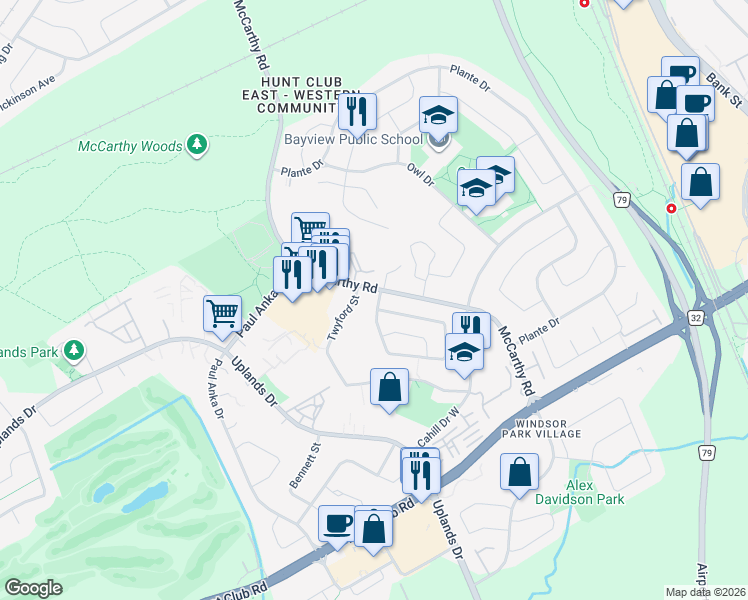 map of restaurants, bars, coffee shops, grocery stores, and more near 106 Annapolis Circle in Ottawa