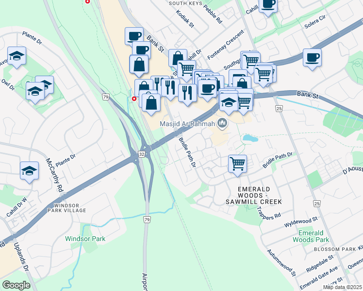 map of restaurants, bars, coffee shops, grocery stores, and more near 2576 Alanis Private in Ottawa
