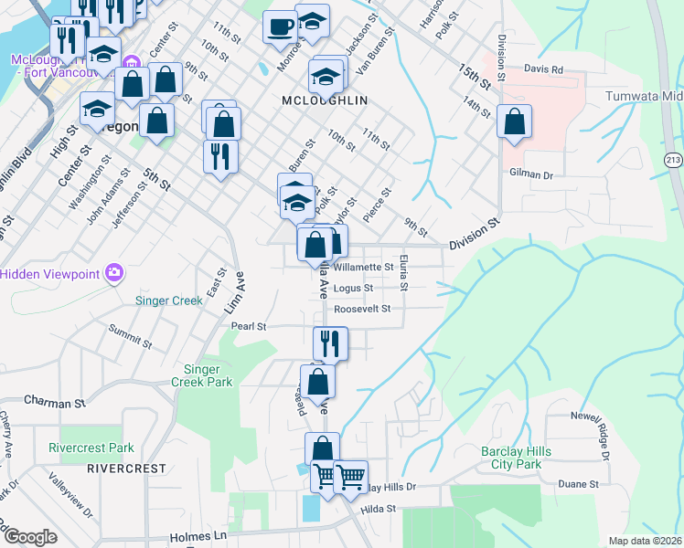 map of restaurants, bars, coffee shops, grocery stores, and more near 418 Willamette Street in Oregon City