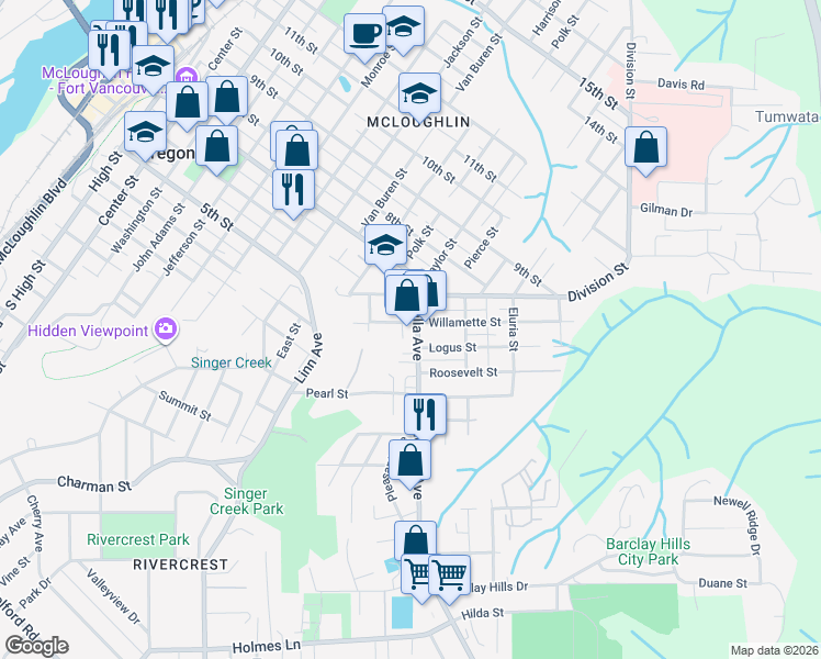 map of restaurants, bars, coffee shops, grocery stores, and more near 121 Molalla Avenue in Oregon City