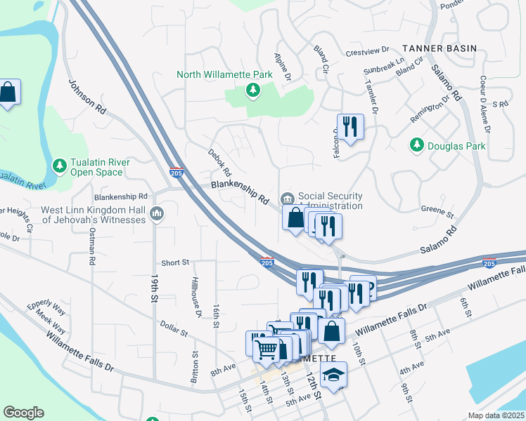 map of restaurants, bars, coffee shops, grocery stores, and more near 2014 Virginia Lane in West Linn