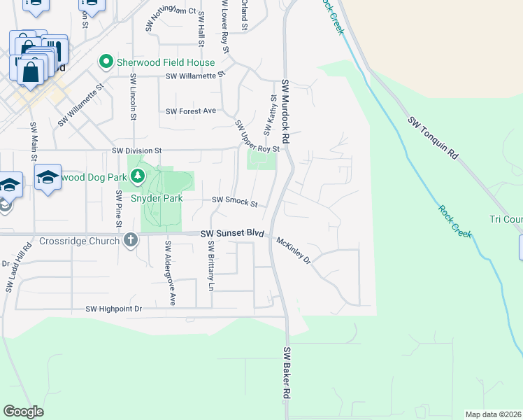 map of restaurants, bars, coffee shops, grocery stores, and more near 23343 Southwest William Avenue in Sherwood