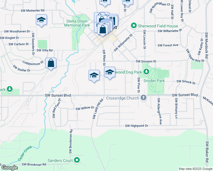 map of restaurants, bars, coffee shops, grocery stores, and more near 23264 Southwest Main Street in Sherwood