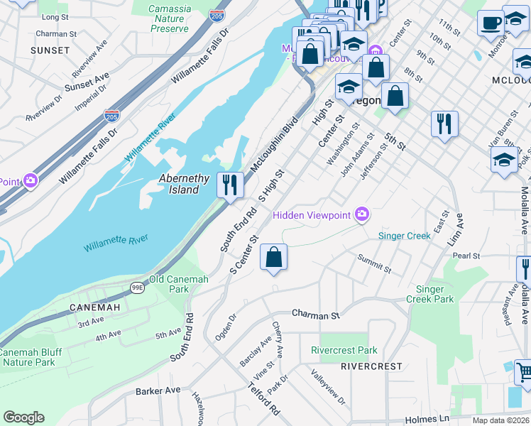 map of restaurants, bars, coffee shops, grocery stores, and more near 414 South 2nd Street in Oregon City