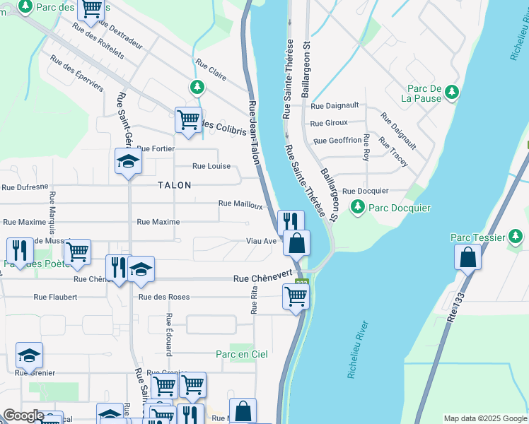 map of restaurants, bars, coffee shops, grocery stores, and more near 152 Québec 223 in Saint-Jean-sur-Richelieu