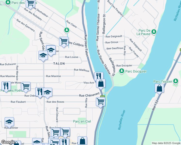 map of restaurants, bars, coffee shops, grocery stores, and more near 152 Québec 223 in Saint-Jean-sur-Richelieu