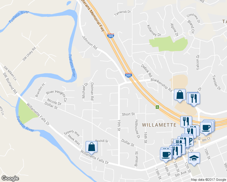 map of restaurants, bars, coffee shops, grocery stores, and more near 1290 Farrview Court in West Linn