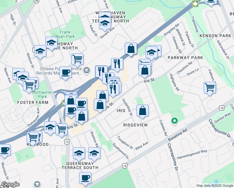 map of restaurants, bars, coffee shops, grocery stores, and more near in Ottawa