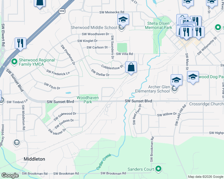 map of restaurants, bars, coffee shops, grocery stores, and more near 16942 Southwest Richen Park Circle in Sherwood