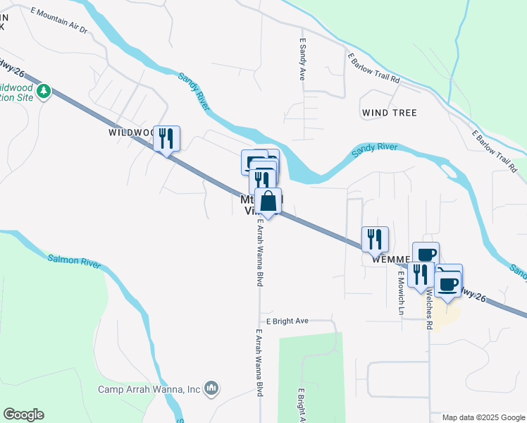 map of restaurants, bars, coffee shops, grocery stores, and more near 23748 East Greenwood Drive in Mount Hood Village