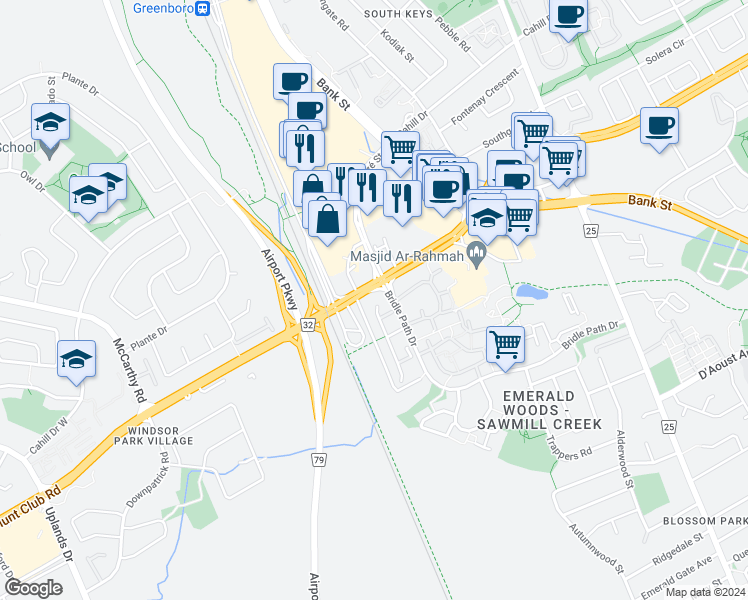 map of restaurants, bars, coffee shops, grocery stores, and more near 2859 Millstream Way in Ottawa