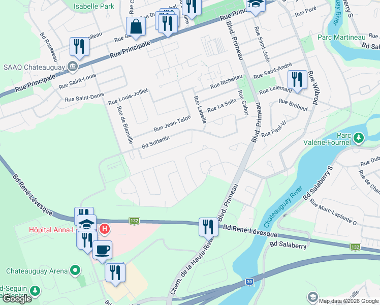 map of restaurants, bars, coffee shops, grocery stores, and more near 138 Rue Auger in Châteauguay