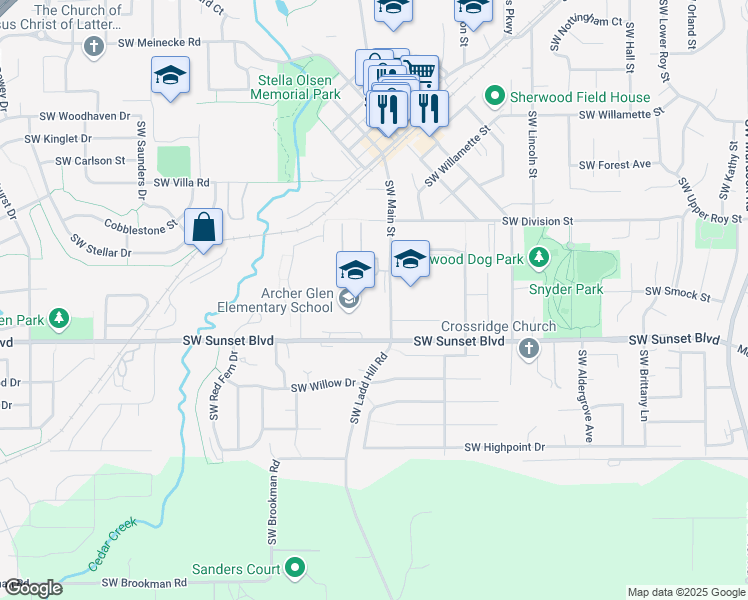 map of restaurants, bars, coffee shops, grocery stores, and more near 23317 Southwest Main Street in Sherwood