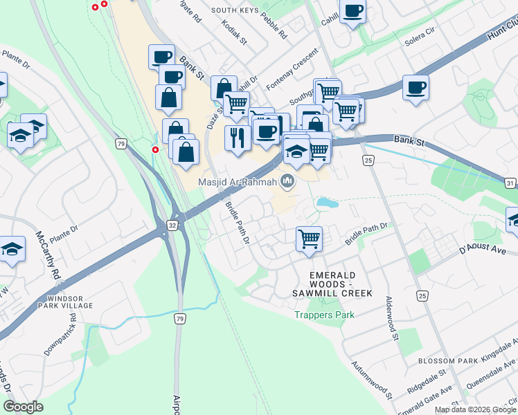 map of restaurants, bars, coffee shops, grocery stores, and more near 2624 Pimlico Crescent in Ottawa