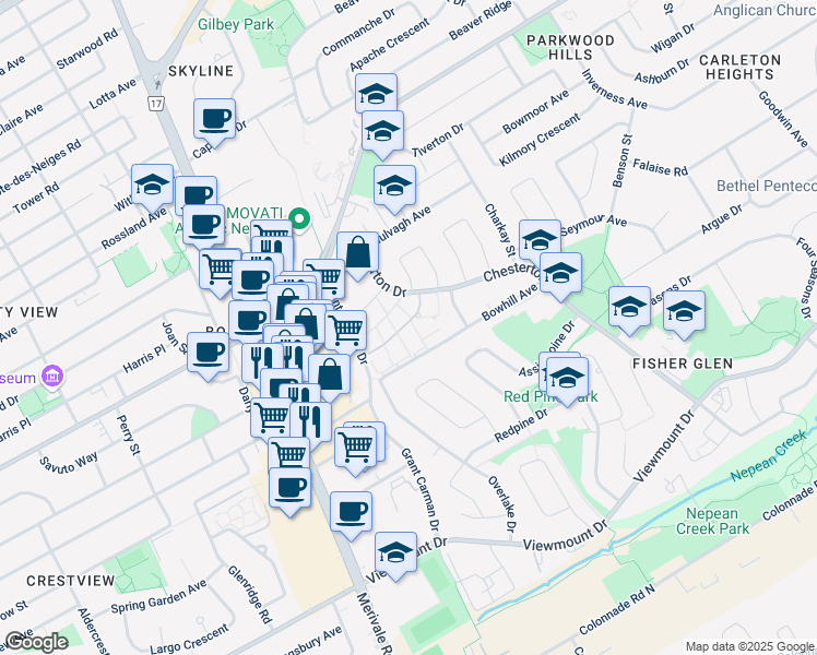 map of restaurants, bars, coffee shops, grocery stores, and more near 64 Chesterton Drive in Ottawa