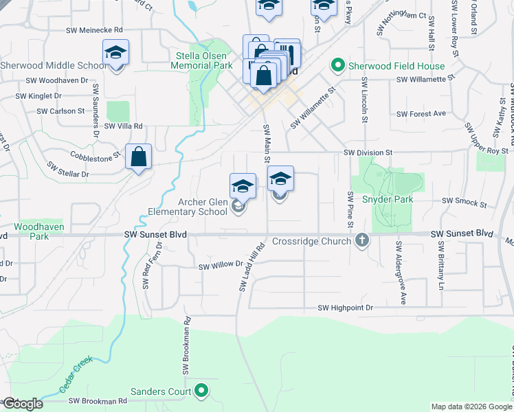 map of restaurants, bars, coffee shops, grocery stores, and more near 23317 Southwest Main Street in Sherwood