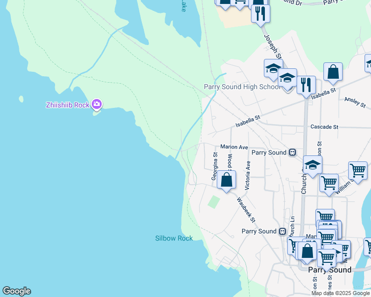 map of restaurants, bars, coffee shops, grocery stores, and more near 11C Salt Dock Road in Parry Sound