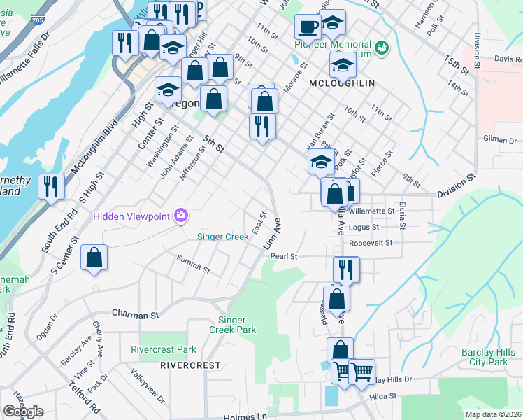 map of restaurants, bars, coffee shops, grocery stores, and more near in Oregon City