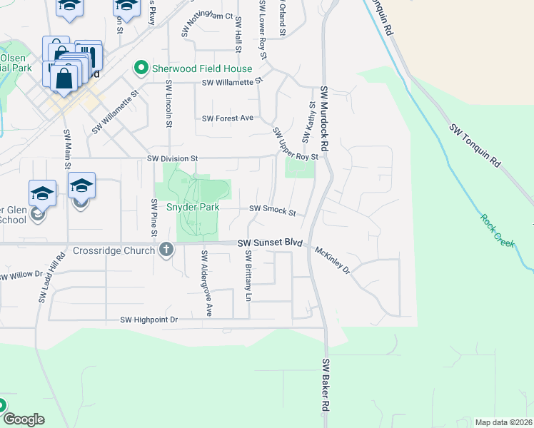 map of restaurants, bars, coffee shops, grocery stores, and more near 14850 Southwest Smock Street in Sherwood